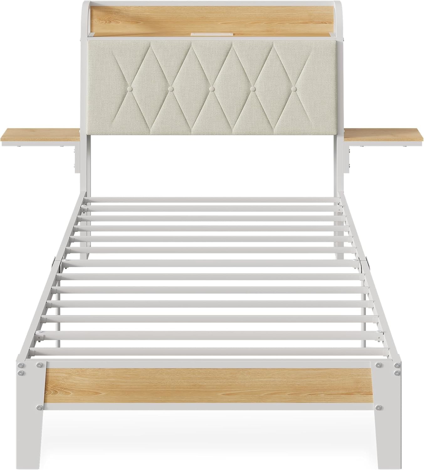 Twin Bed Frames with Headboard, Upholstered Bed Frame with 2 Storage Shelves, Platform Bed with LED Lights and Charging Station, 600LBS Mattress Foundation, No Box Spring Needed, Beige