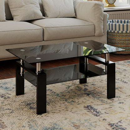 Glass Coffee Table, Black Living Room Rectangle Coffee Table with Tempered Glass & Metal Tube, 2 Layers of Storage Space Modern Tea Table Side Table for Waiting Room Small Space
