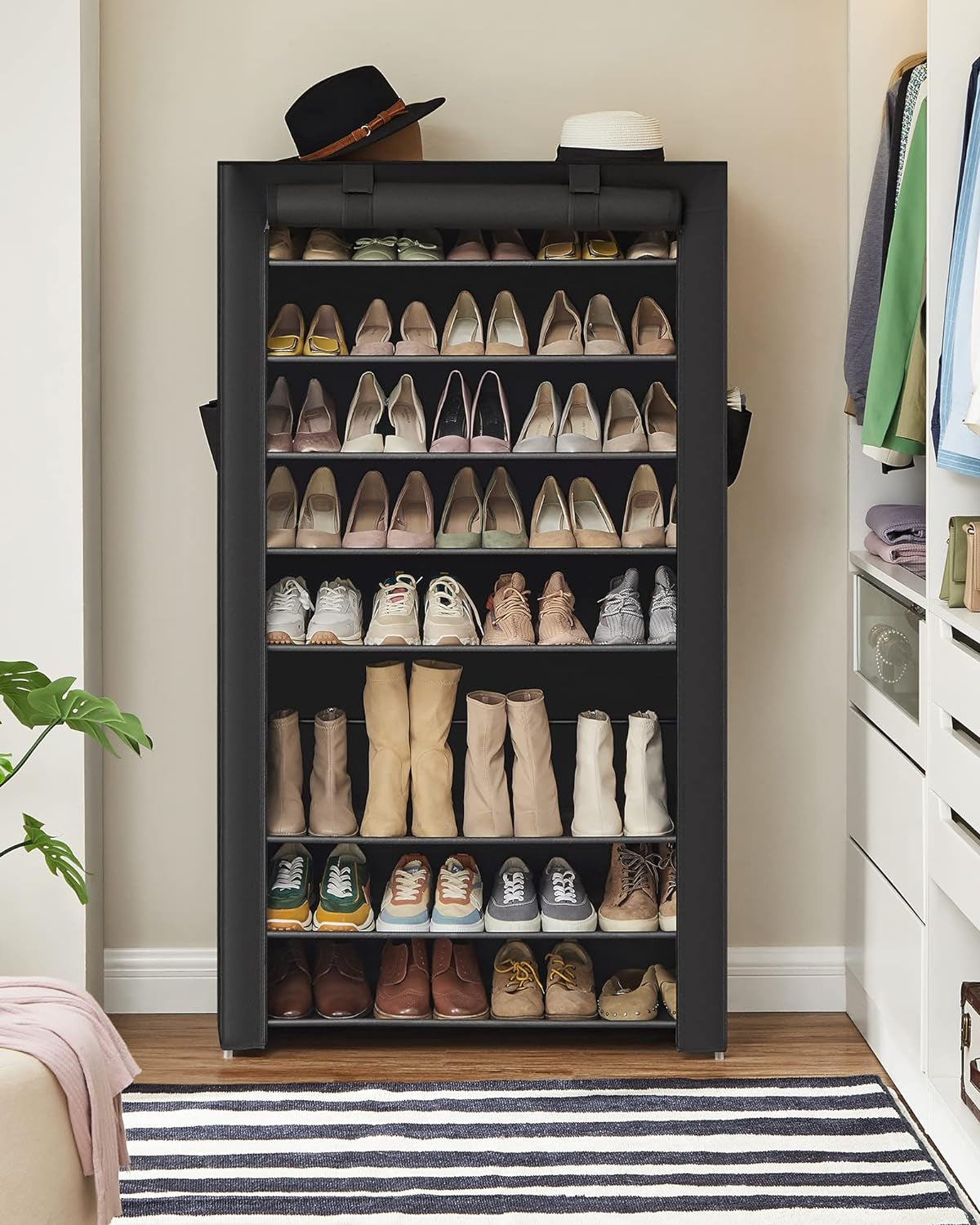Shoe Rack with Non-Woven Fabric Cover, 9 Tier Storage Shelf for 40-50 Pairs of Shoes, Entryway, Suitable for Sneakers, High Heels, Flats, and Boots, Black URXJ36HV1