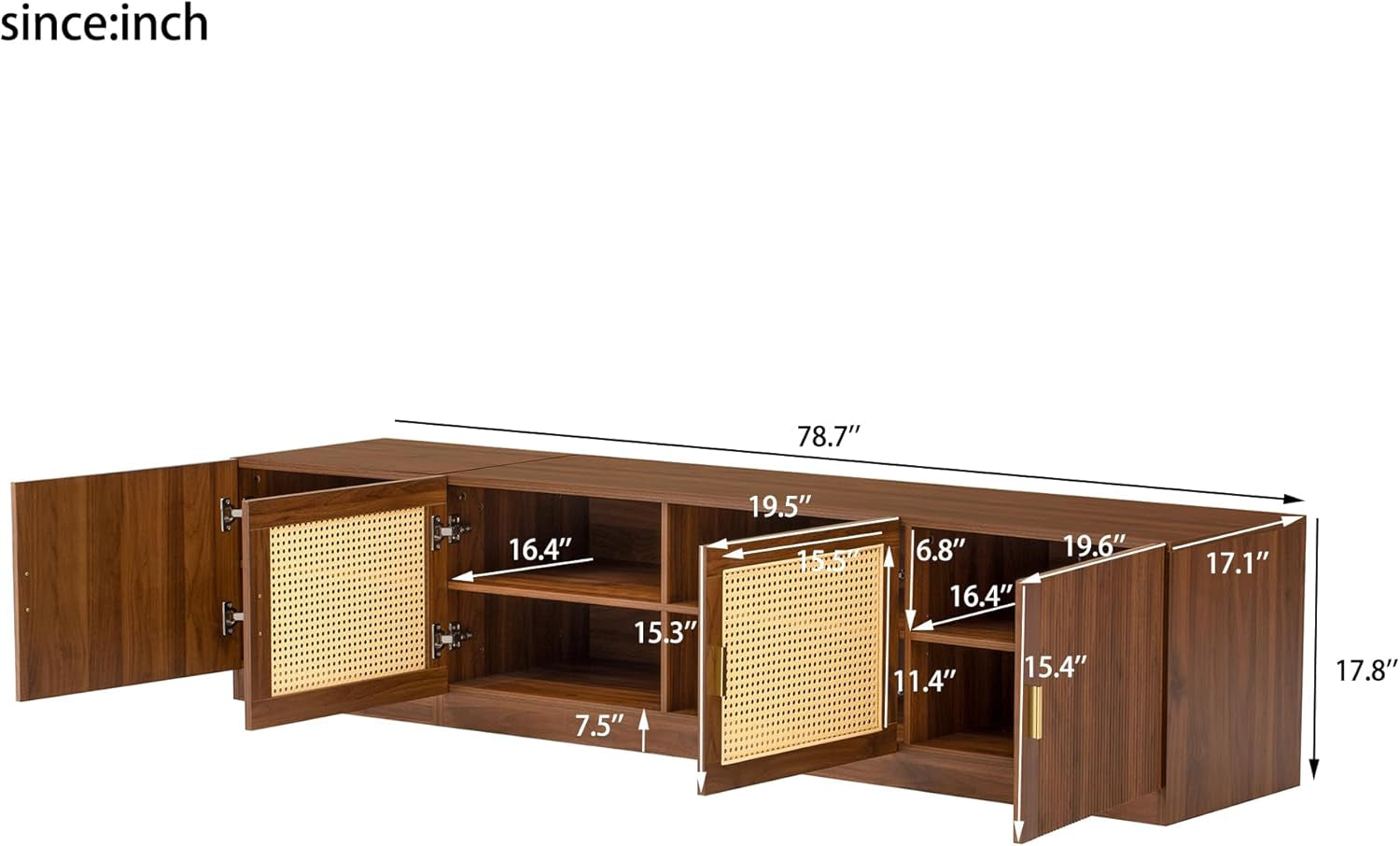 Mid-Century Modern TV Stand with Fluted & Rattan Doors, 78" Media Console for Tvs up to 85", Rattan Entertainment Center with Storage & Adjustable Shelf, Cable Holes, Walnut