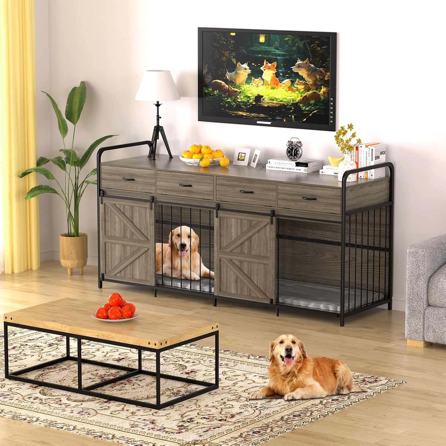 78.7 Inch Large Dog Crate Furniture for 2 Dogs Extra Large Dog Kennel Heavy Duty Wood Dog Crate Double Dog Crates Furniture TV Stand (Gray)