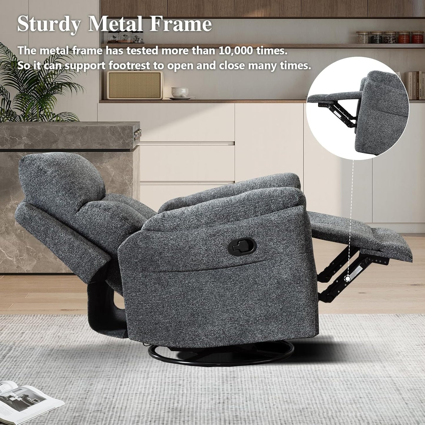 Rocker Recliner, Manual Swivel Recliner with Overstuffed Cushion, Nursing Chairs for Living Room, Swivel Glider Recliners with Soft Backrest, Dark Grey