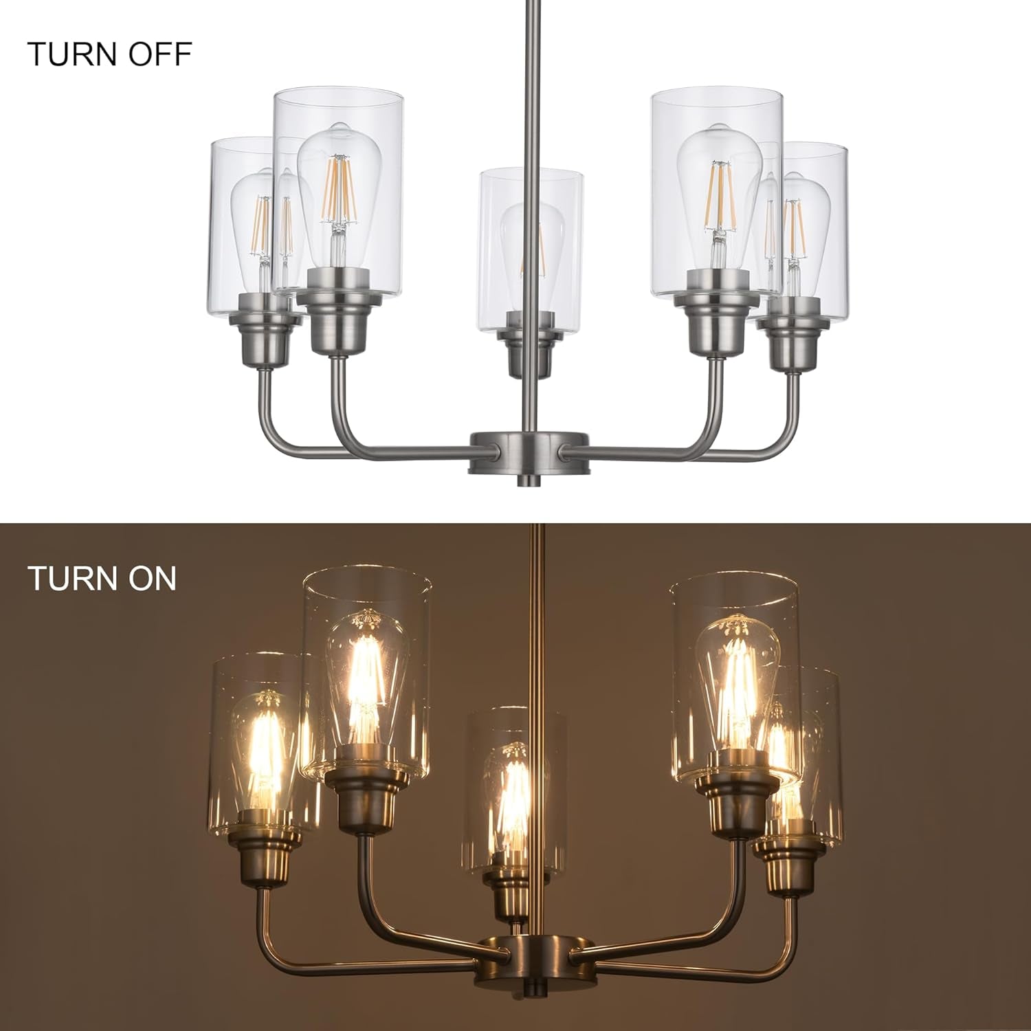 5-Light Brushed Nickel Chandelier with Clear Glass Shades, E26 Base Modern Pendant Light Fixture, Adjustable Swivel Heads Ceiling Lighting, Farmhouse Chandelier for Dining Room Kitchen Hallway