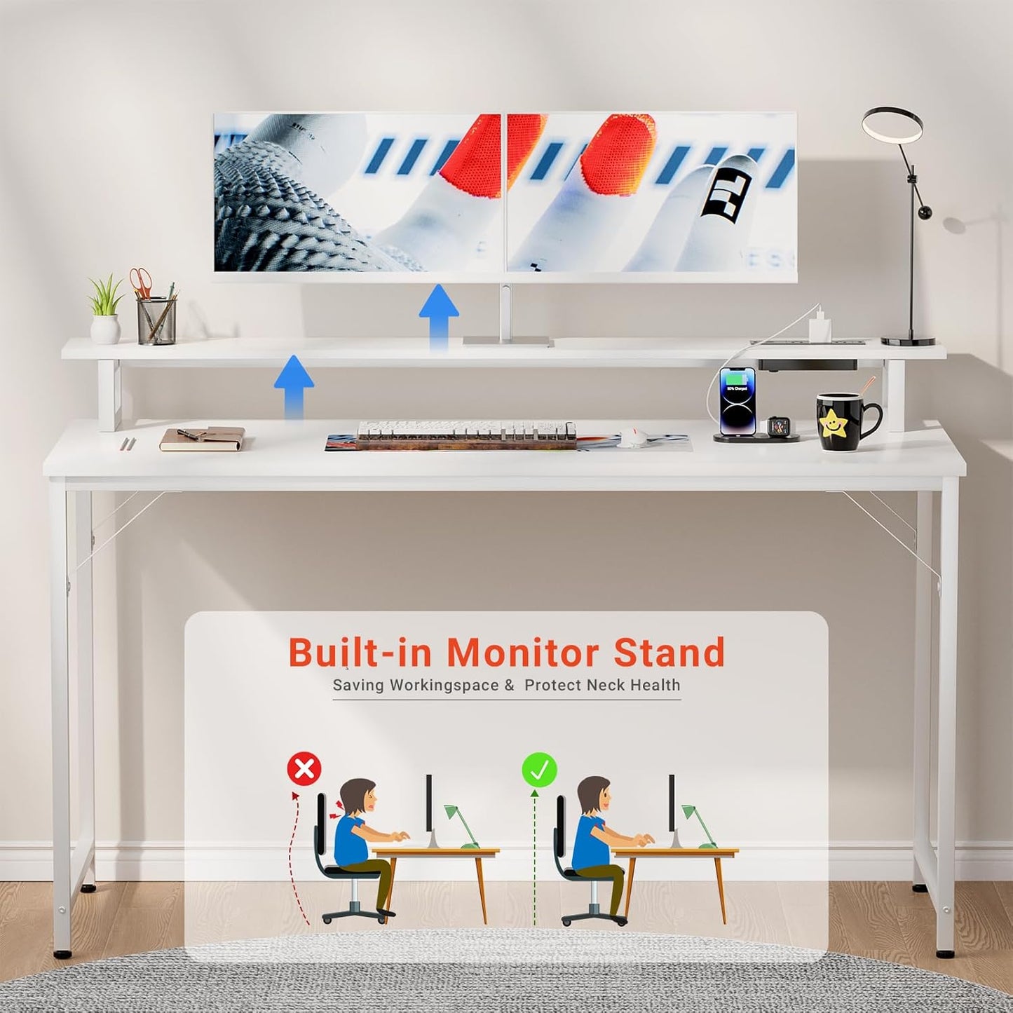 47 Inch Computer Desk with Power Outlets, Gaming Desk with LED Lights, Home Office Work Desk with Monitor Shelf, Modern Office Desk Study Writing Table for Small Spaces, White