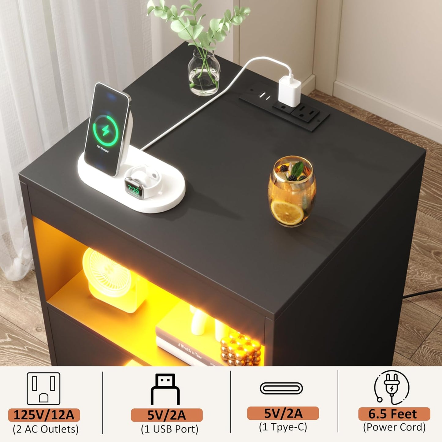 Night Stand, Bedside Table, LED Nightstand with Charging Station, Modern Night Stand, Wood Sofa Couch End Side Table with 2 Pull-Out Shelf (Black)