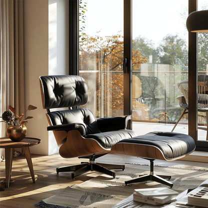 Mid Century Chaise Lounge Chair with Ottoman, Top Black Grain Leather, Modern Office Chair Classic Design, Heavy Duty Base Support for Living Room Lounge Office