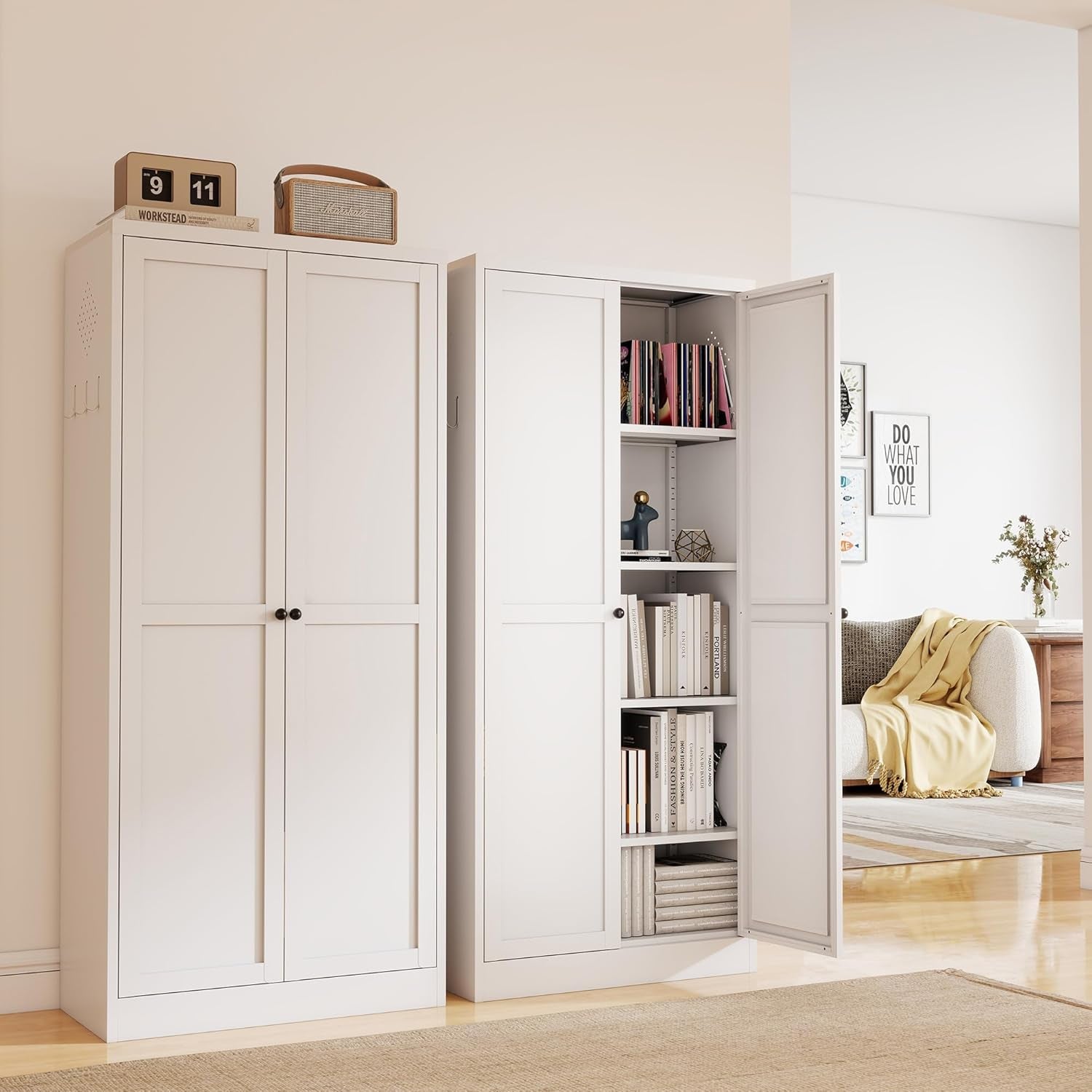 Kitchen Pantry Cabinet,61" White Pantry Storage Cabinet with 4 Tier Adjustable Shelves and 2 Doors,Freestanding Cupboard,Metal Pantry Cabinets with Handle for Living Room Kitchen Assembly Required
