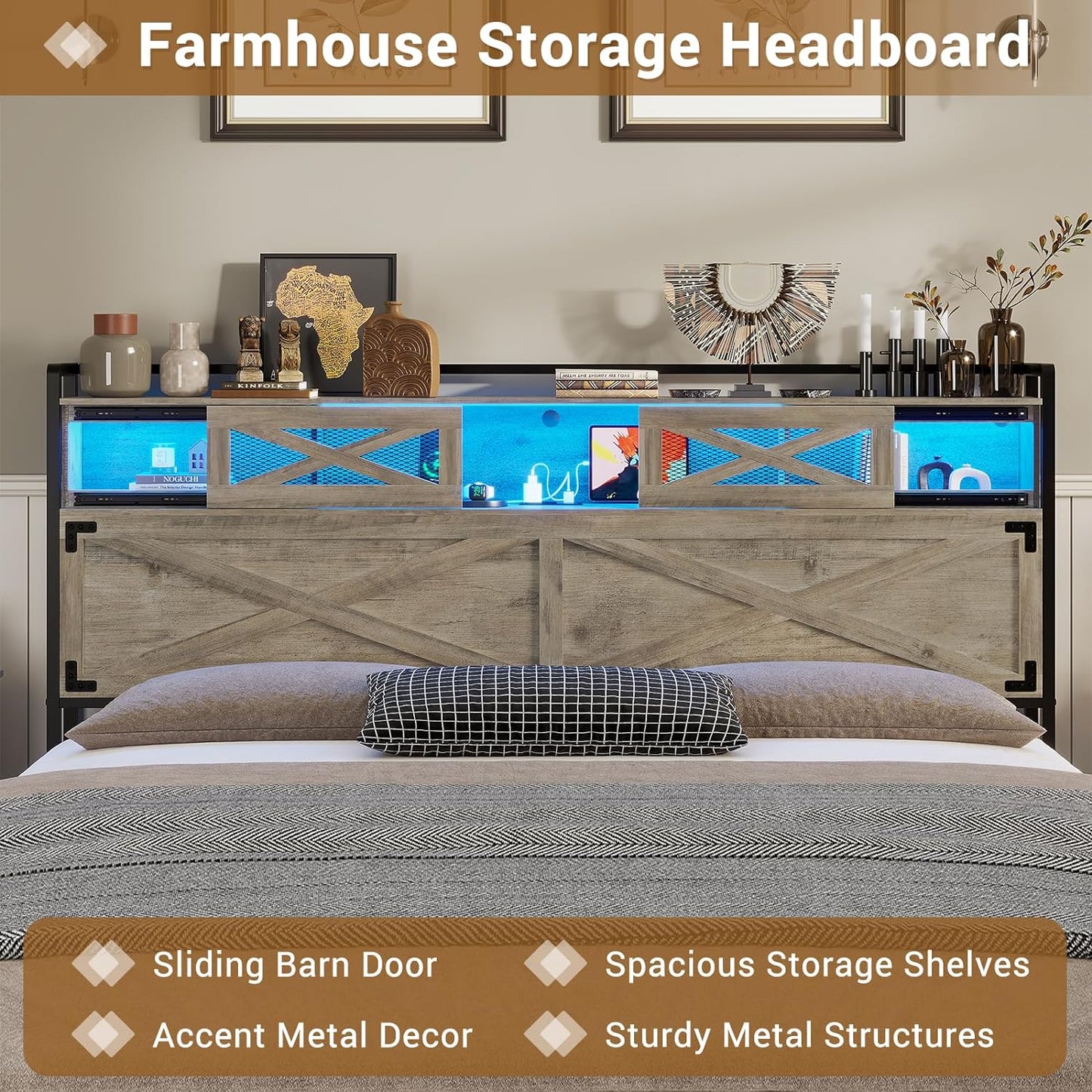 Queen Bed Frame with Storage Headboard, Platform Bed Queen Size with Charging Station and LED Lights, Farmhouse Rustic Bed with Sliding Barn Door, Rustic Oak