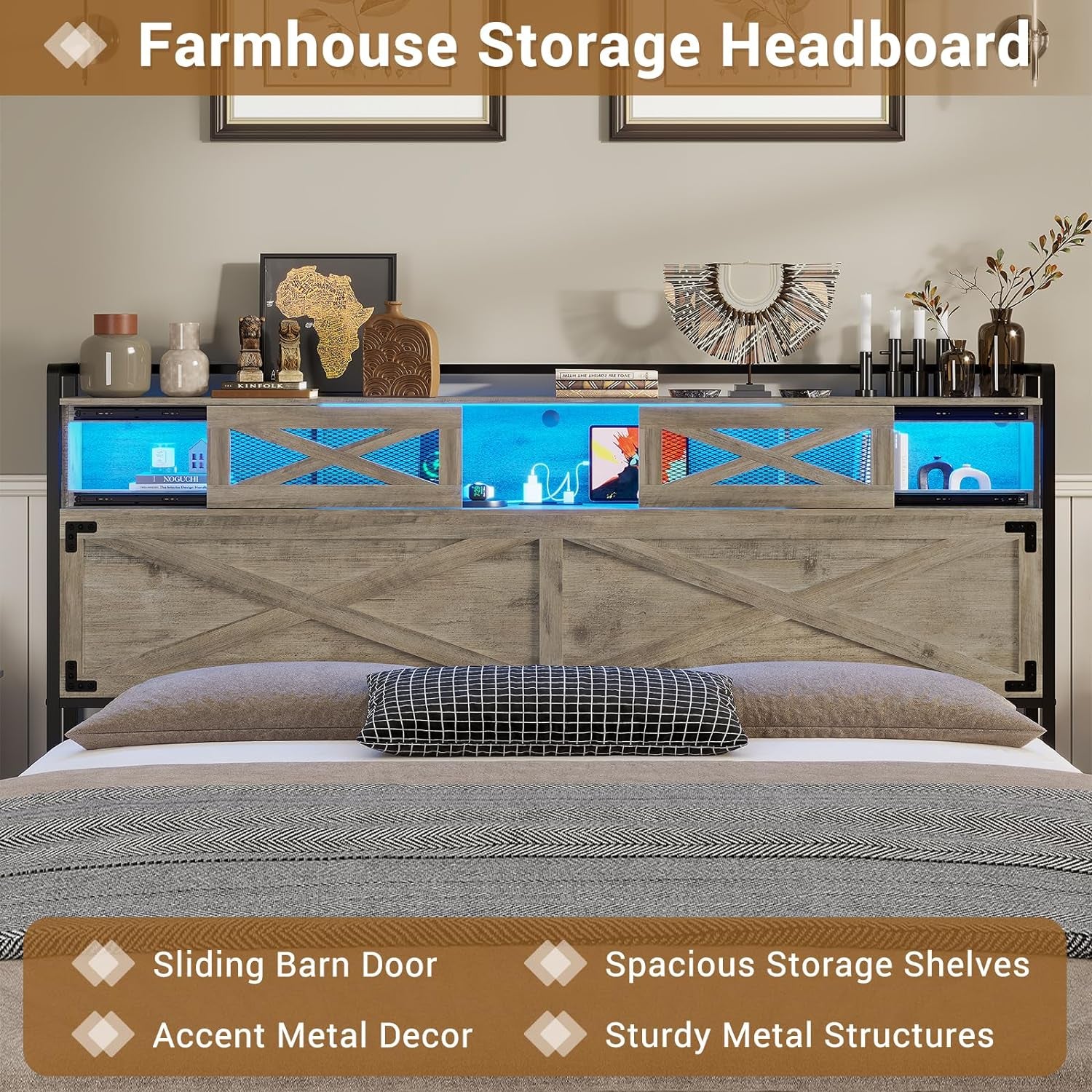 Queen Bed Frame with Storage Headboard, Platform Bed Queen Size with Charging Station and LED Lights, Farmhouse Rustic Bed with Sliding Barn Door, Rustic Oak