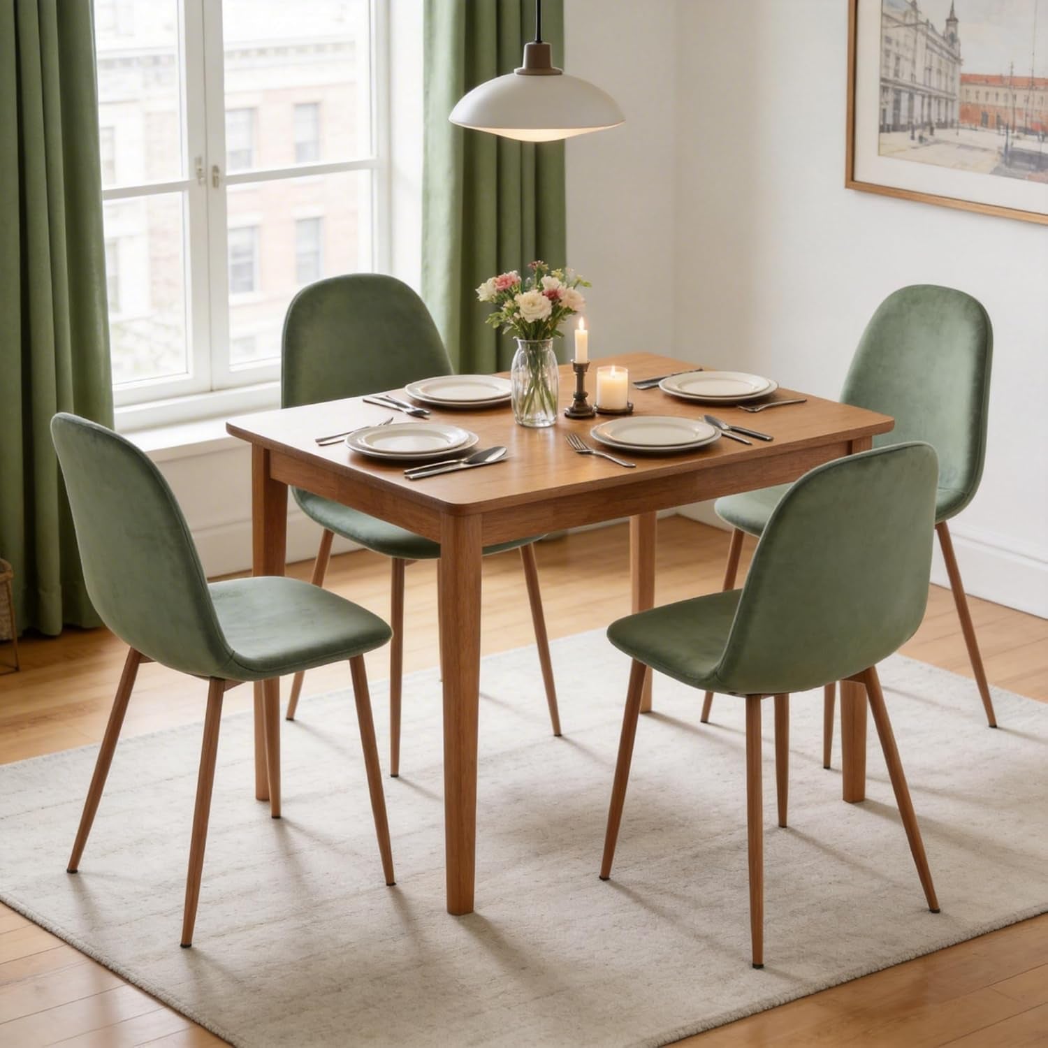 Velvet Dining Chairs Set of 4 - Modern Seating with Metal Legs for Living, Bedroom, Dining Room - Green Chairs, Chair Set for 4
