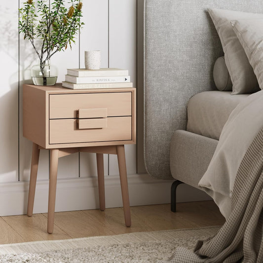 Harper 2-Drawer Mid Century Modern Nightstand, Solid Wood Nightstand in Raw Oak