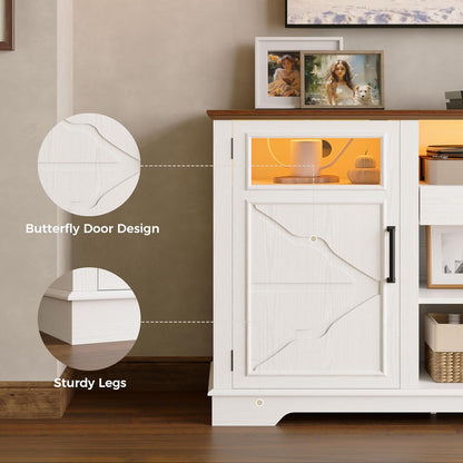 65.8" Farmhouse TV Stand for 60/65/70 Inch Tvs, Tall Entertainment Center with LED Lights & Power Outlet, Media Console with Storage Cabinets & Adjustable Shelves for Living Room, White