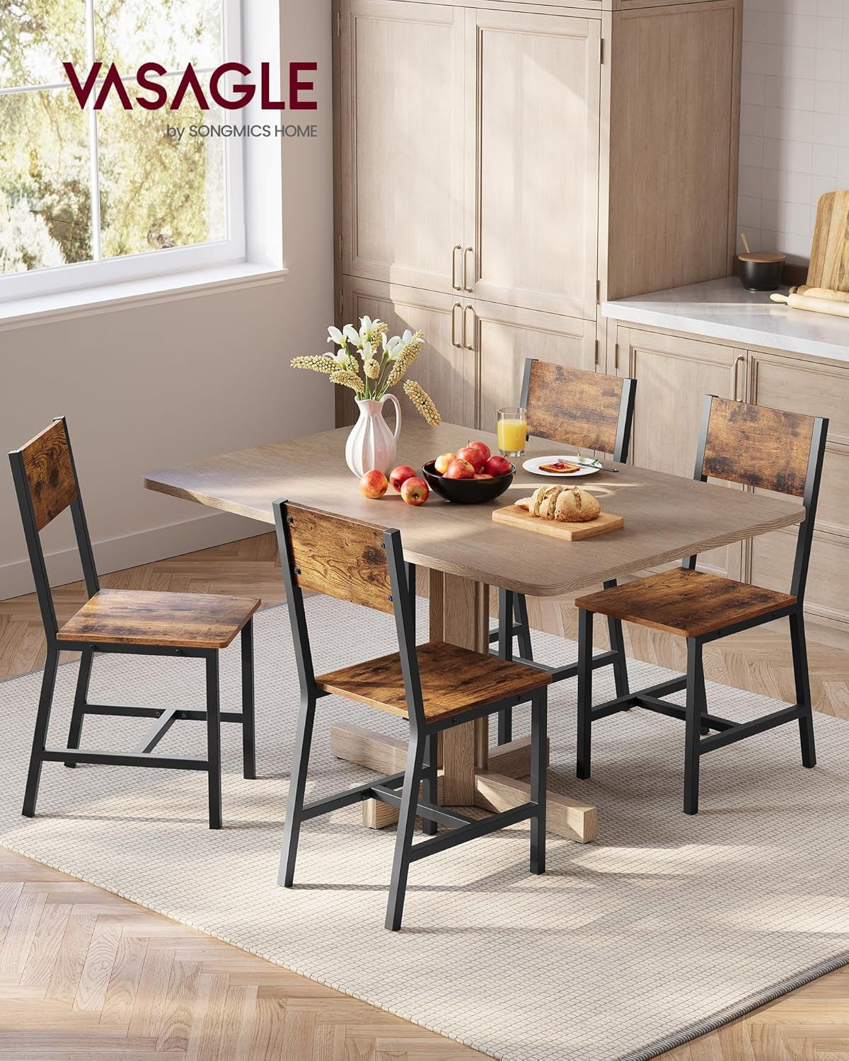 Dining Chair Set of 4, Rustic Wood Chairs with Metal Steel Frame, Easy to Assemble, Comfortable Seat, Modern Farmhouse Chair for Kitchen, Bedroom, Living Room, Rustic Brown and Ink Black
