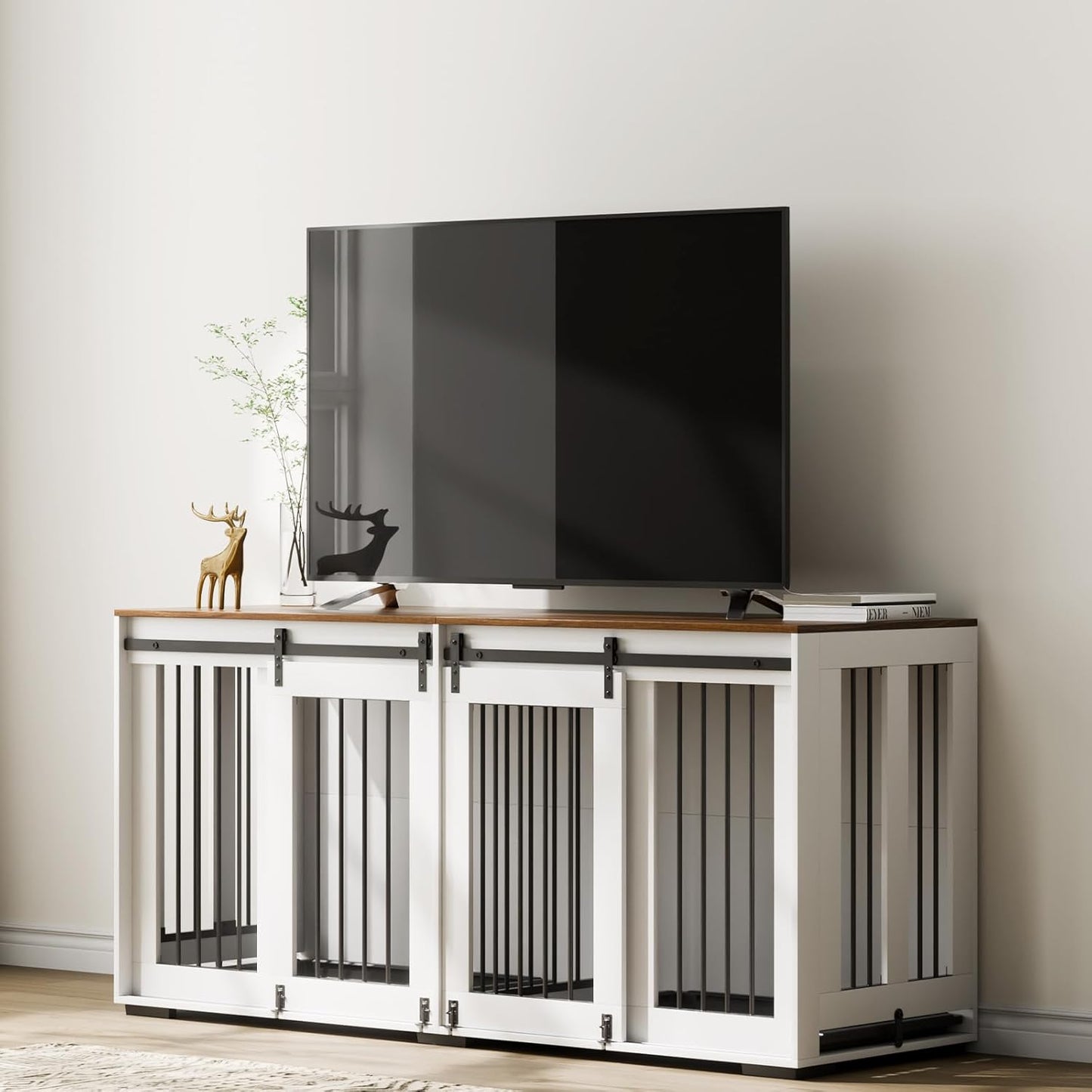 72"Dog Crate Furniture for 2 Dogs,Double Dog Crate Furniture with Double Sliding Doors,Large Dog Crate TV Stand with Removable Tray,Steel Frame Double Dog Crate for Small,Medium,Large Dogs White