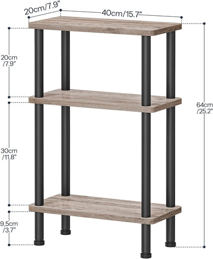 Narrow Side Table, 3-Tier Slim End Table No Tools Needed, Twist-On Assembly, Skinny Nightstand Sofa Storage Shelf for Living Room, Bedroom, Study, Greige and Black BG246BZ01