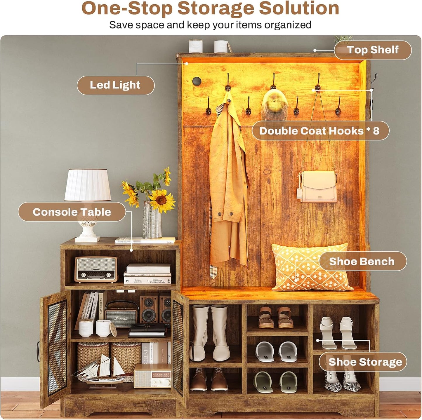 Hall Tree with Bench and Shoe Storage, Entryway Table, Entryway Furniture, 10 Compartments & 8 Double Hooks, Barn Door & Adjustable Shelf, Rustic Brown