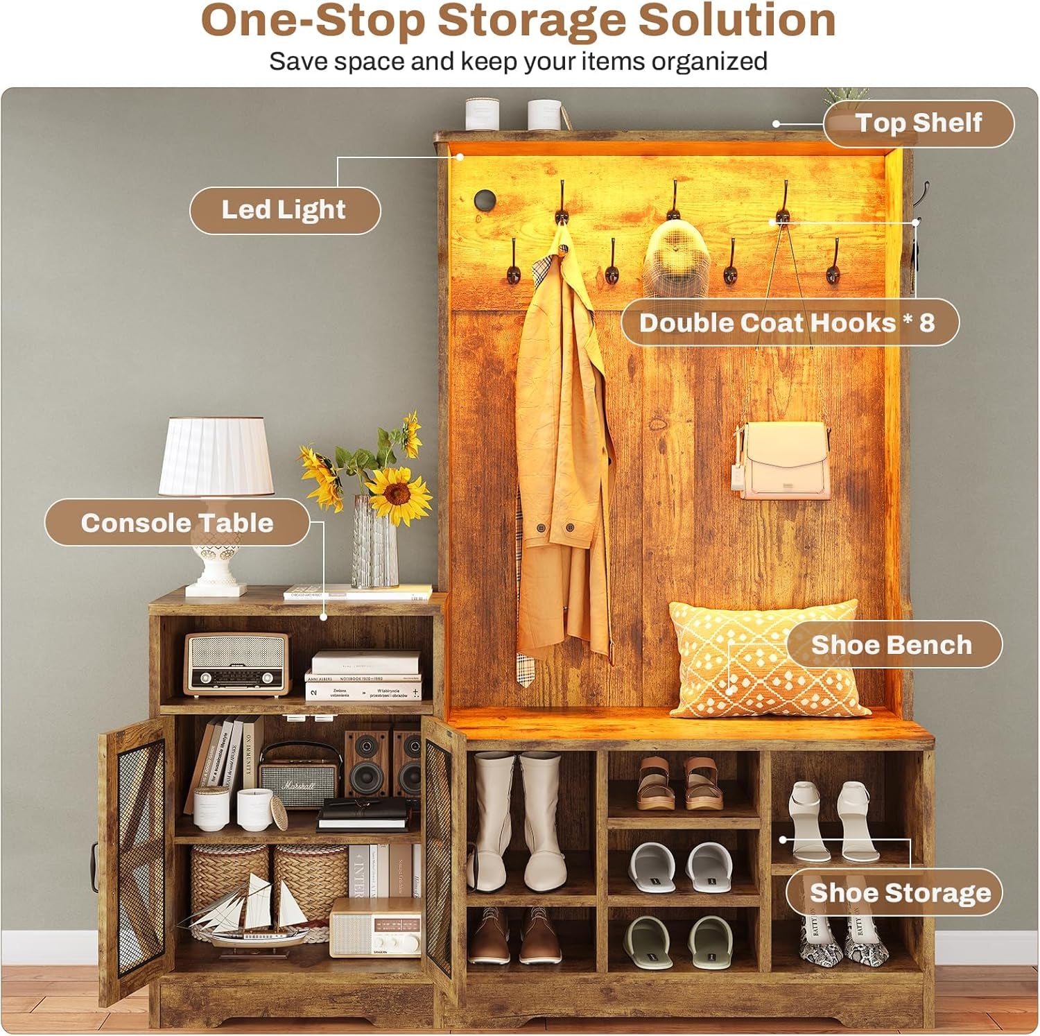 Hall Tree with Bench and Shoe Storage, Entryway Table, Entryway Furniture, 10 Compartments & 8 Double Hooks, Barn Door & Adjustable Shelf, Rustic Brown