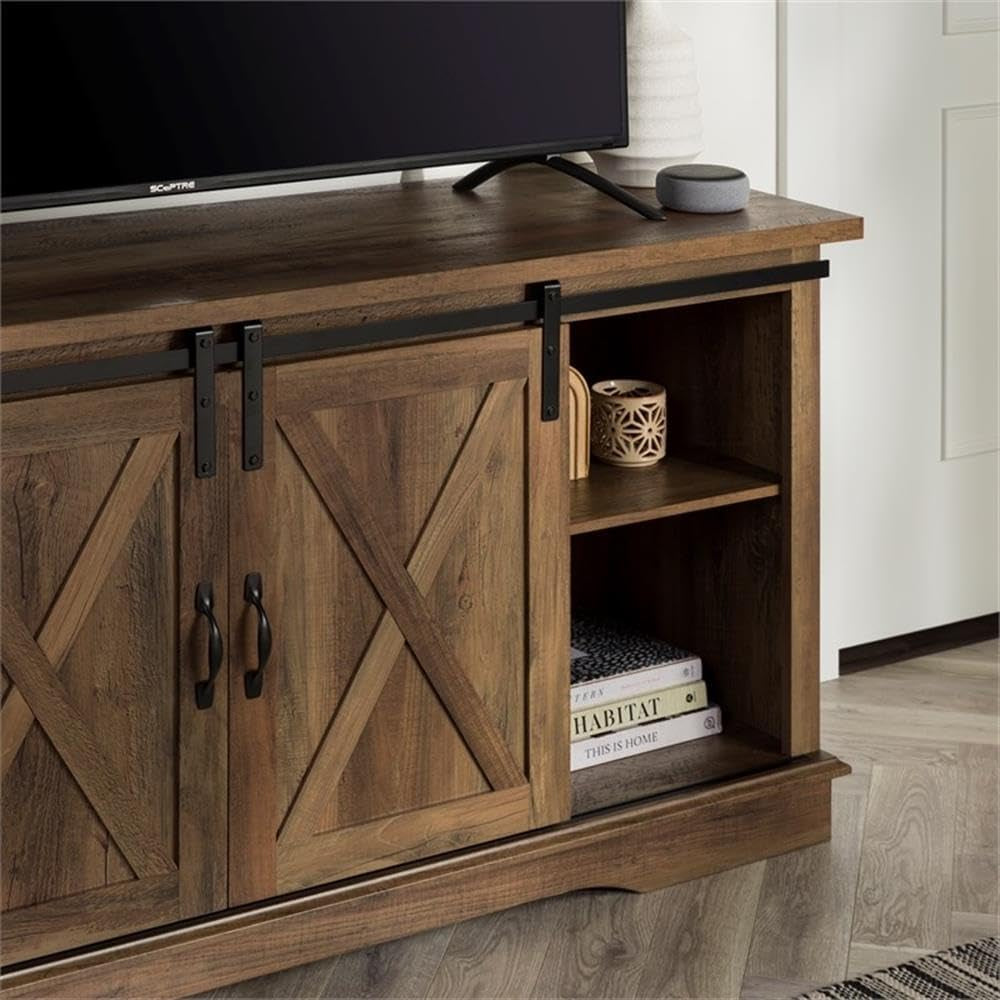 Richmond Modern Farmhouse Sliding Barn Door Stand for Tvs up to 65 Inches, without Fireplace, Rustic Oak