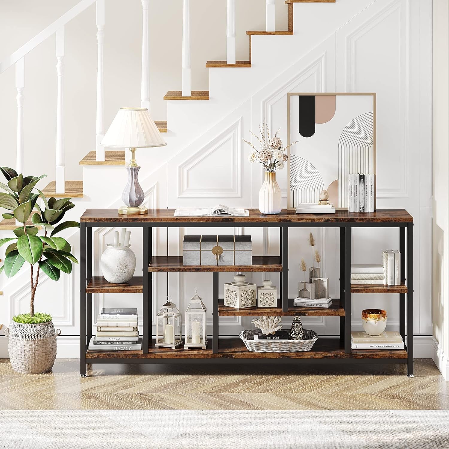 Console Sofa Table, 70.9 Inch Extra Long Table behind Couch with Storage Shelves, 3-Tier Industrial Narrow Entryway Hallway Accent Table for Living Room, Rustic Brown