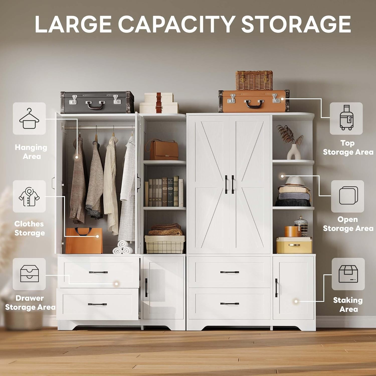 Armoire Wardrobe Closet 70" H, Bedroom Wooden Wardrobe with 3 Doors 2 Drawers, Modern Clothing Storage Cabinet Combination with Storage Shelves and Hanging Rail, White