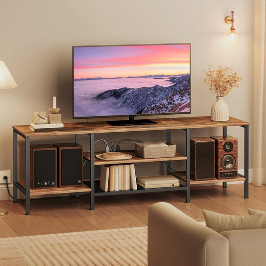 TV Stand with Power Outlets to 75 Inches, TV Console Table with Open Storage Shelves Cabinet, Industrial Media Entertainment Center for Living Room Bedroom, Rustic Brown and Black BF60DS01