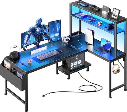 51.2" L Shaped Gaming Desk with Power Outlets & USB-C Port, LED Lights, Computer Desk with Pegboard, Corner Desk with Storage Shelves & Bag, Office Desk with CPU Stand for Home Office, Black