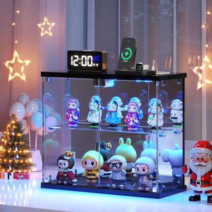 Lighted Clear Glass Display Case - for Figures & Collectibles, Small 2-Tier Display Cabinet with Charging Station, LED Display Box with Lights & Human Sensor, for Model Car, Perfume, Black