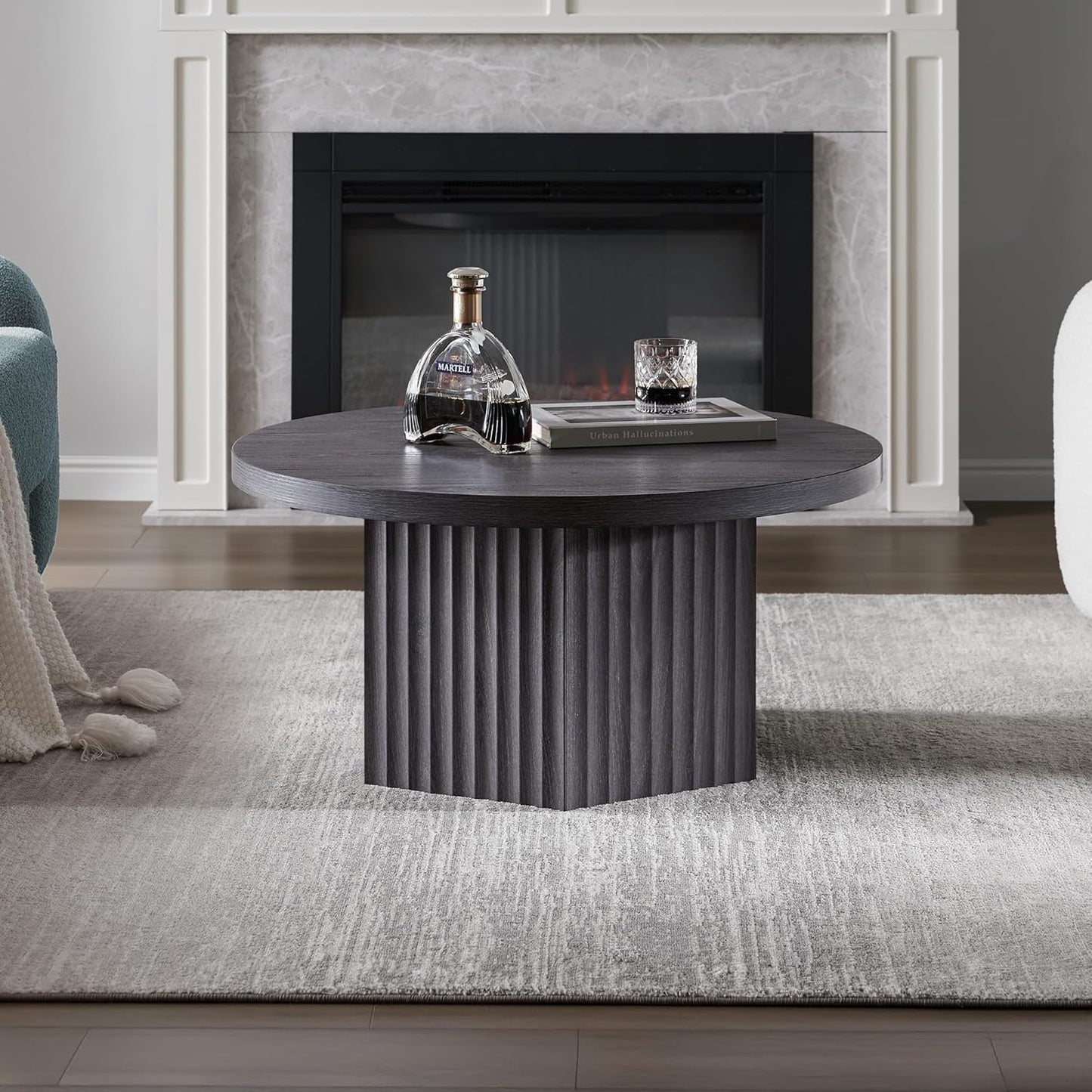 round Coffee Table for Living Room, Mid Century Modern Fluted Center Coffee Table with Storage, 32" Circle Accent Tea Dining Table for Apartment, Dark Grey Alder