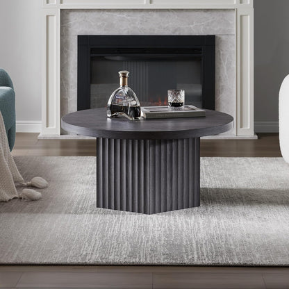 round Coffee Table for Living Room, Mid Century Modern Fluted Center Coffee Table with Storage, 32" Circle Accent Tea Dining Table for Apartment, Dark Grey Alder