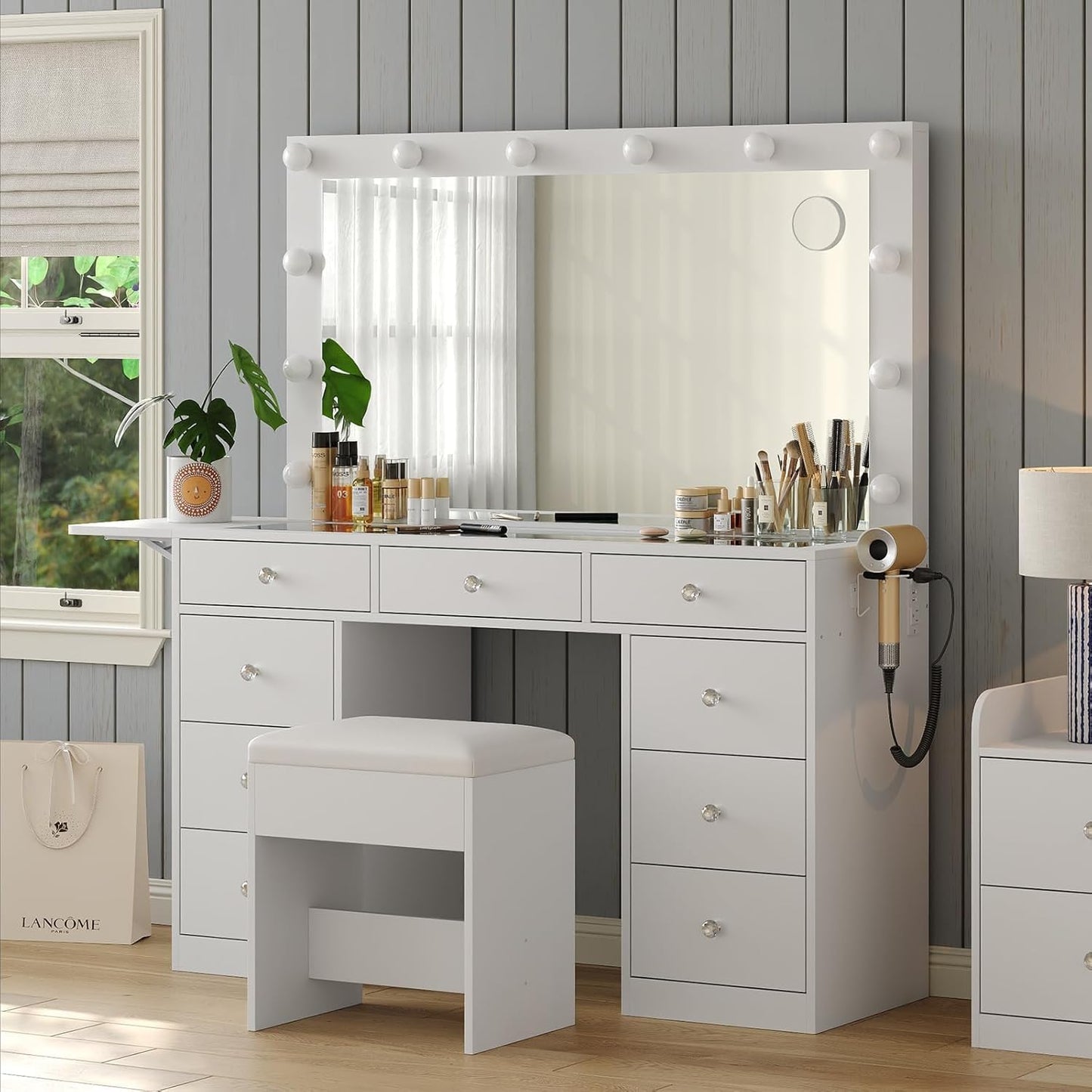 Vanity Desk with Power Outlet, 9 Drawers Makeup Vanity with Mirror and 12 LED Lights, 3 Lighting Modes, Glass Top Vanity Set, Fold-Up Panel, Dressing Table for Bedroom