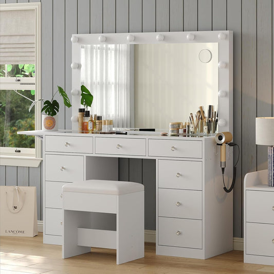 Vanity Desk with Power Outlet, 9 Drawers Makeup Vanity with Mirror and 12 LED Lights, 3 Lighting Modes, Glass Top Vanity Set, Fold-Up Panel, Dressing Table for Bedroom