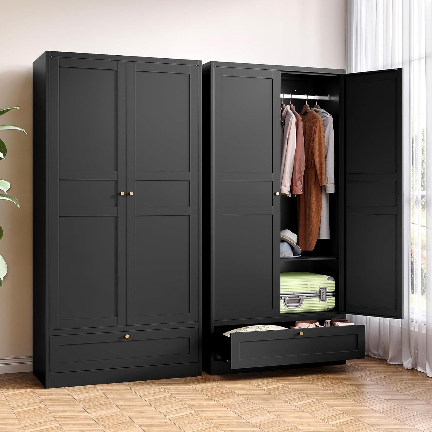 Metal Armoire Wardrobe Closet with 2 Doors 72'' Wardrobe Cabinet with Drawers and Hanging Rail Metal Closet with Adjustable Shelves for Bedroom. (Black, with 1Drawer)