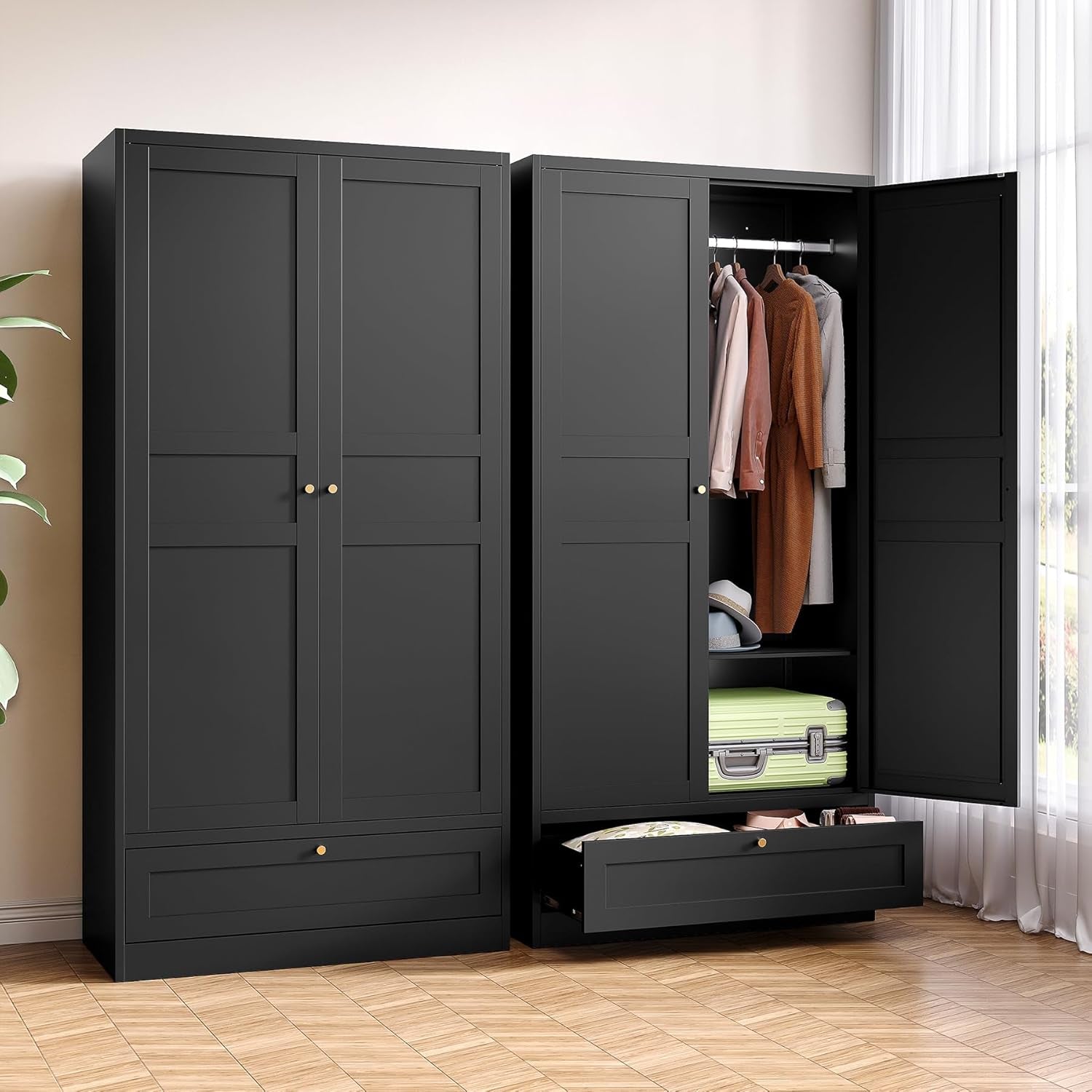 Metal Armoire Wardrobe Closet with 2 Doors 72'' Wardrobe Cabinet with Drawers and Hanging Rail Metal Closet with Adjustable Shelves for Bedroom. (Black, with 1Drawer)