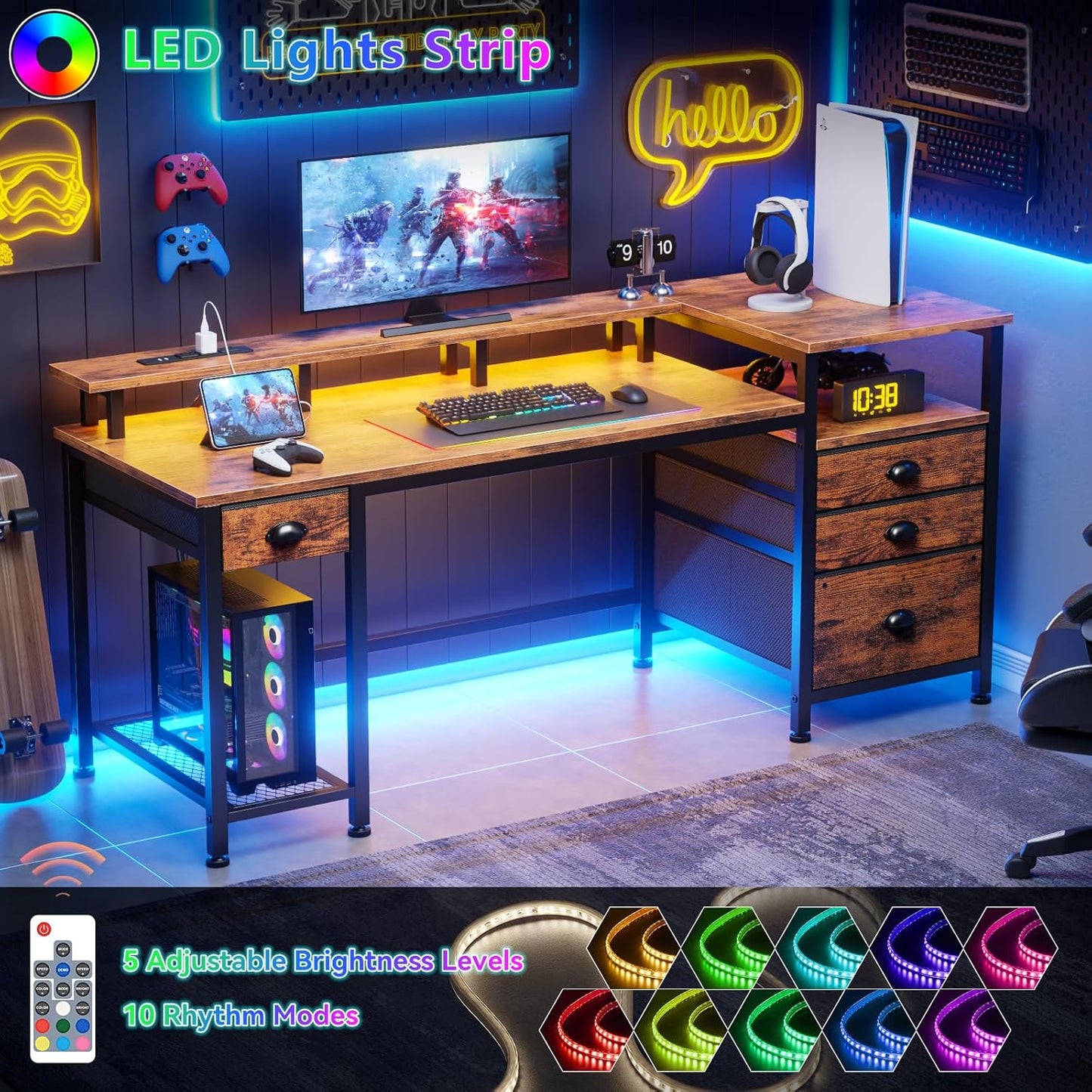 60" Computer Desk with File Cabinet and Storage Shelves, Reversible Home Office Desk with LED Lights, Full Monitor Stand, Power Outlets, Study Gaming Table with 4 Drawers, Rustic Brown