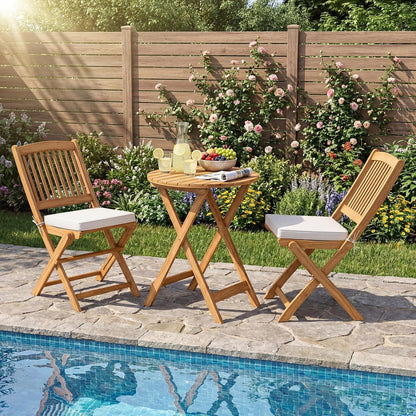 3Pcs Patio Bistro Set, Wood Folding Table Set, 2 Cushioned Chairs for Garden Yard, Outdoor Furniture round Table (Natural & Beige)