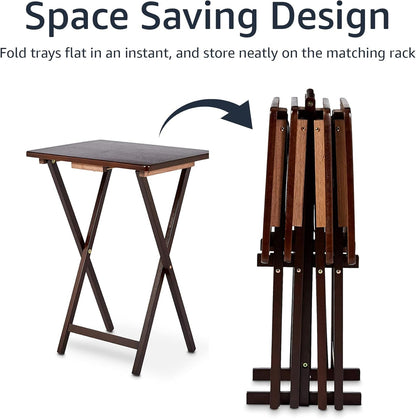 Portable Foldable TV Tray Table with Storage Rack, Space-Saving Design, Sturdy Wood, 14.6"L X 19"W X 26"H, Espresso, 4-Pack