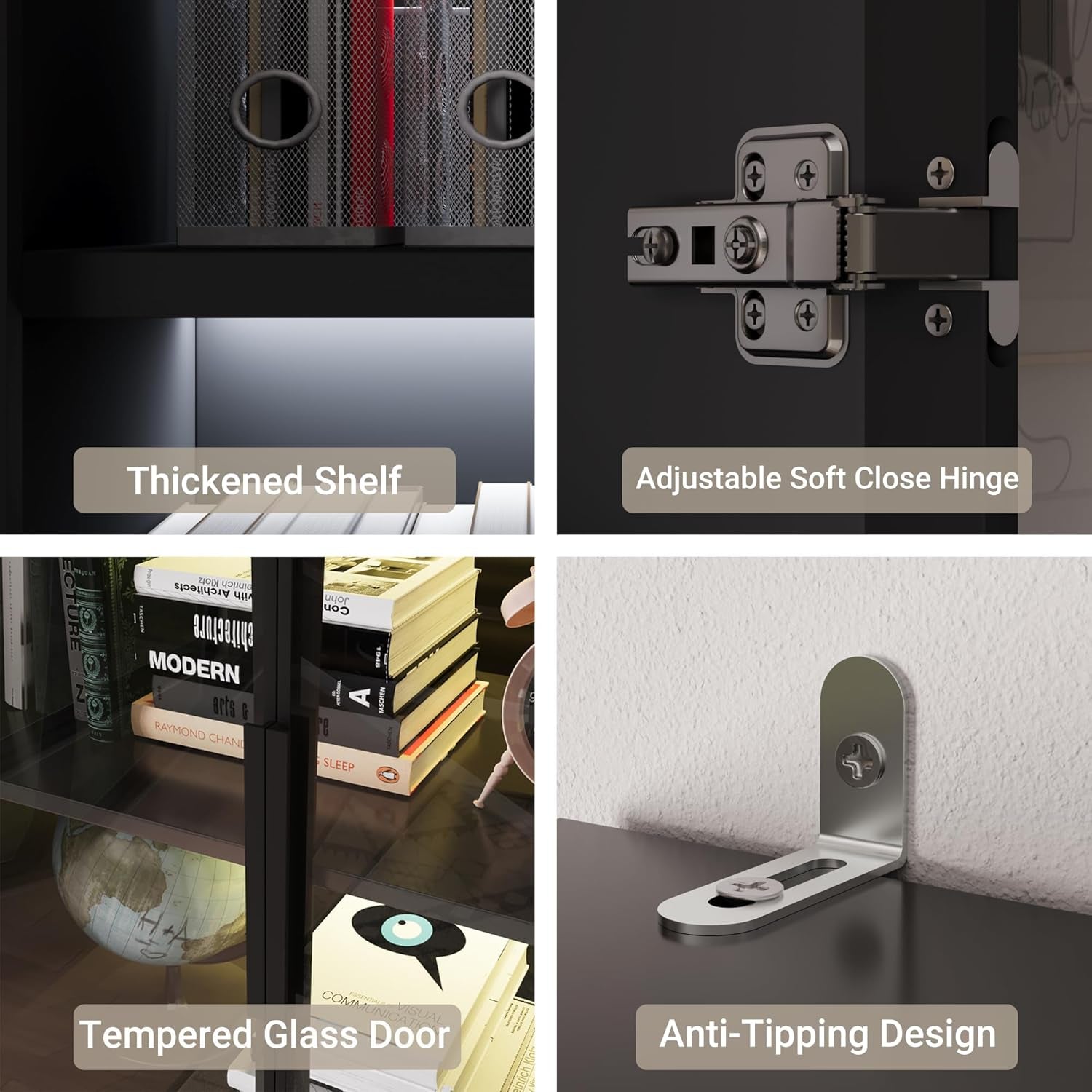 78.7" H Display Cabinet with 6 Glass Doors and Lights, Storage Cabinets Modern Bookcase with Hutch for Collectible, Display Case Trophy Case, Black