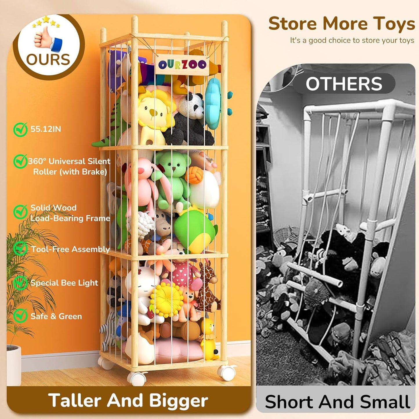 Stuffed Animal Storage Zoo with Wheels and Twinkling Bee String Lights, 55.12Inch Large Wooden Stuffed Animal Storage & Organizer with Elastic Cord Kids Plush Toy Storage for Nursery Playroom