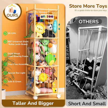 Stuffed Animal Storage Zoo with Wheels and Twinkling Bee String Lights, 55.12Inch Large Wooden Stuffed Animal Storage & Organizer with Elastic Cord Kids Plush Toy Storage for Nursery Playroom