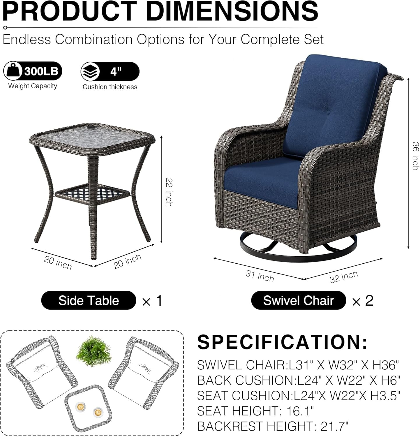3 Piece Wicker Patio Furniture Set, Outdoor Swivel Rocker Patio Chairs with High Back, Deep Seating, Wide Armrest, Thickened Cushions, Outdoor Furniture for Deck, Porch Use