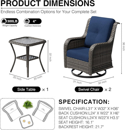 3 Piece Wicker Patio Furniture Set, Outdoor Swivel Rocker Patio Chairs with High Back, Deep Seating, Wide Armrest, Thickened Cushions, Outdoor Furniture for Deck, Porch Use