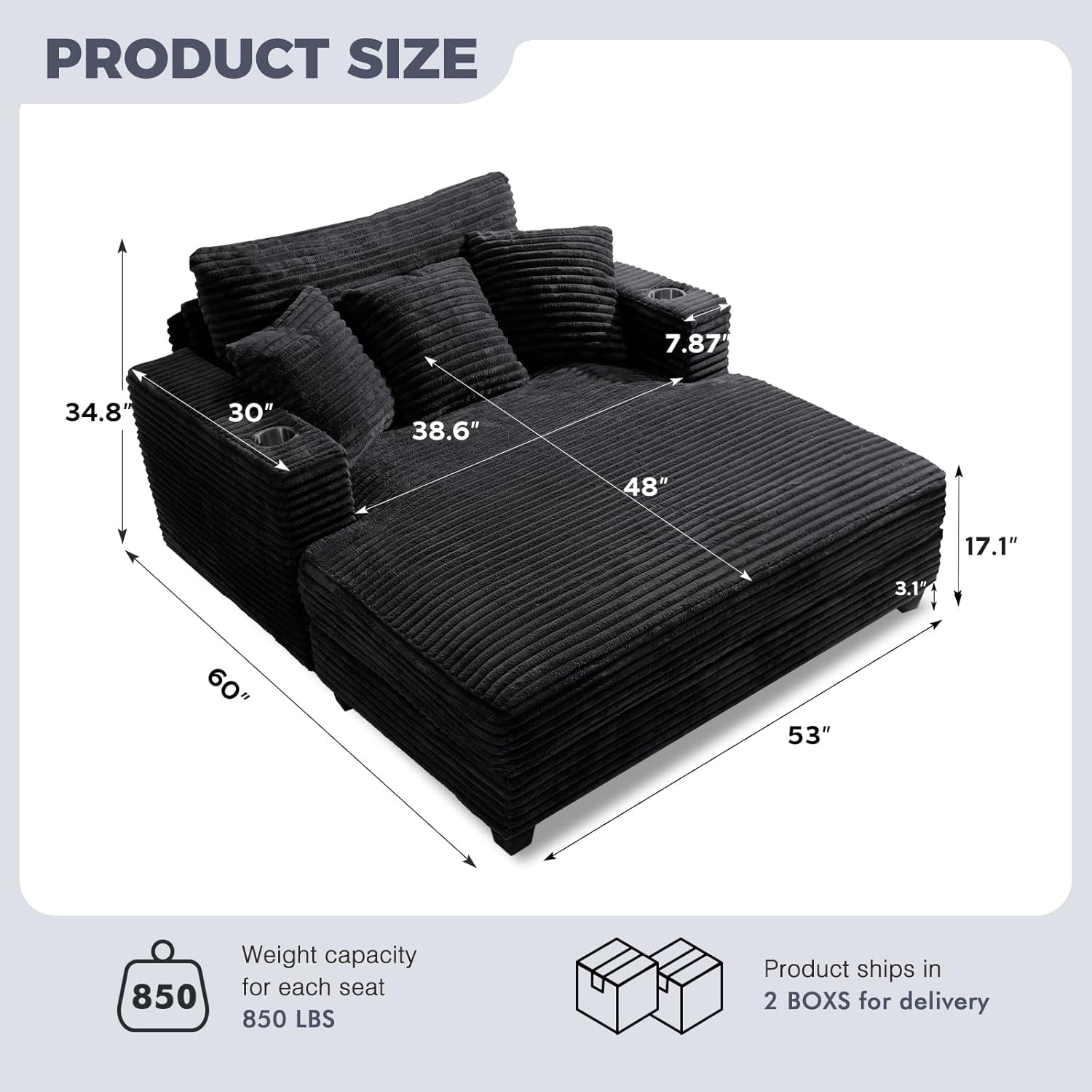 60'' Oversized Chaise Lounge Chair, Upholstered Sofa Bed, Sleeper Couch Reading Chairs with USB Port and Cup Holders,Comfy Cloud Sofas Couches for Living Room,Black