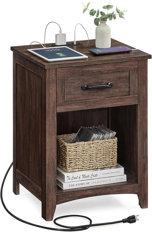 LIRY Collection - Farmhouse Nightstand with Charging Station, Bedside Table, Side Table with Drawer, Open Compartment, for Bedroom, Maroon Brown ULET659K51