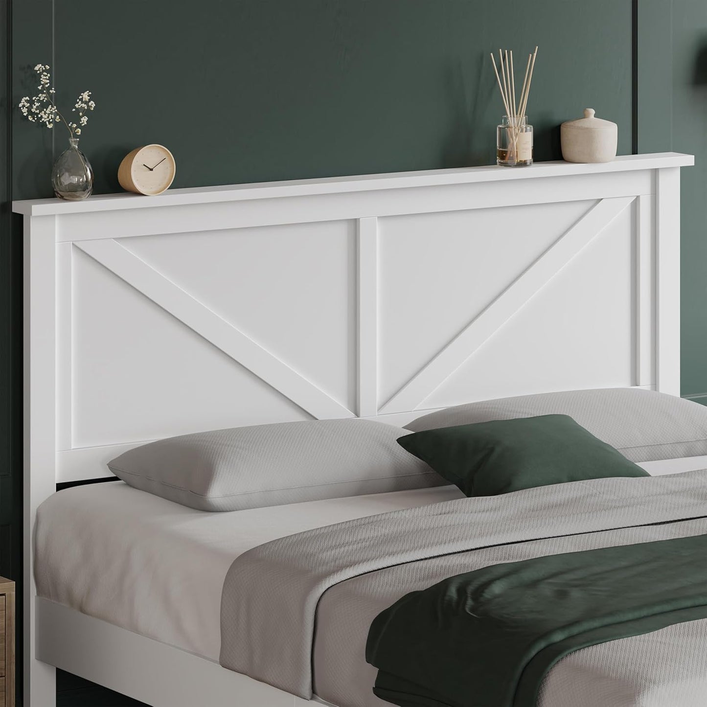 Wood Bed Queen, Farmhouse White Rubberwood Platform Bed Frame with V-Designed Headboard, Sturdy Wooden Support Slats, Holds up to 800 Pounds, Noise-Free, Easy Assembly