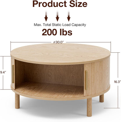 Coffee Table for Living Room, Modern round Coffee Table with Cabinets & Sliding Doors, Home Small Space, 29.9" Fluted Center Table, Natual