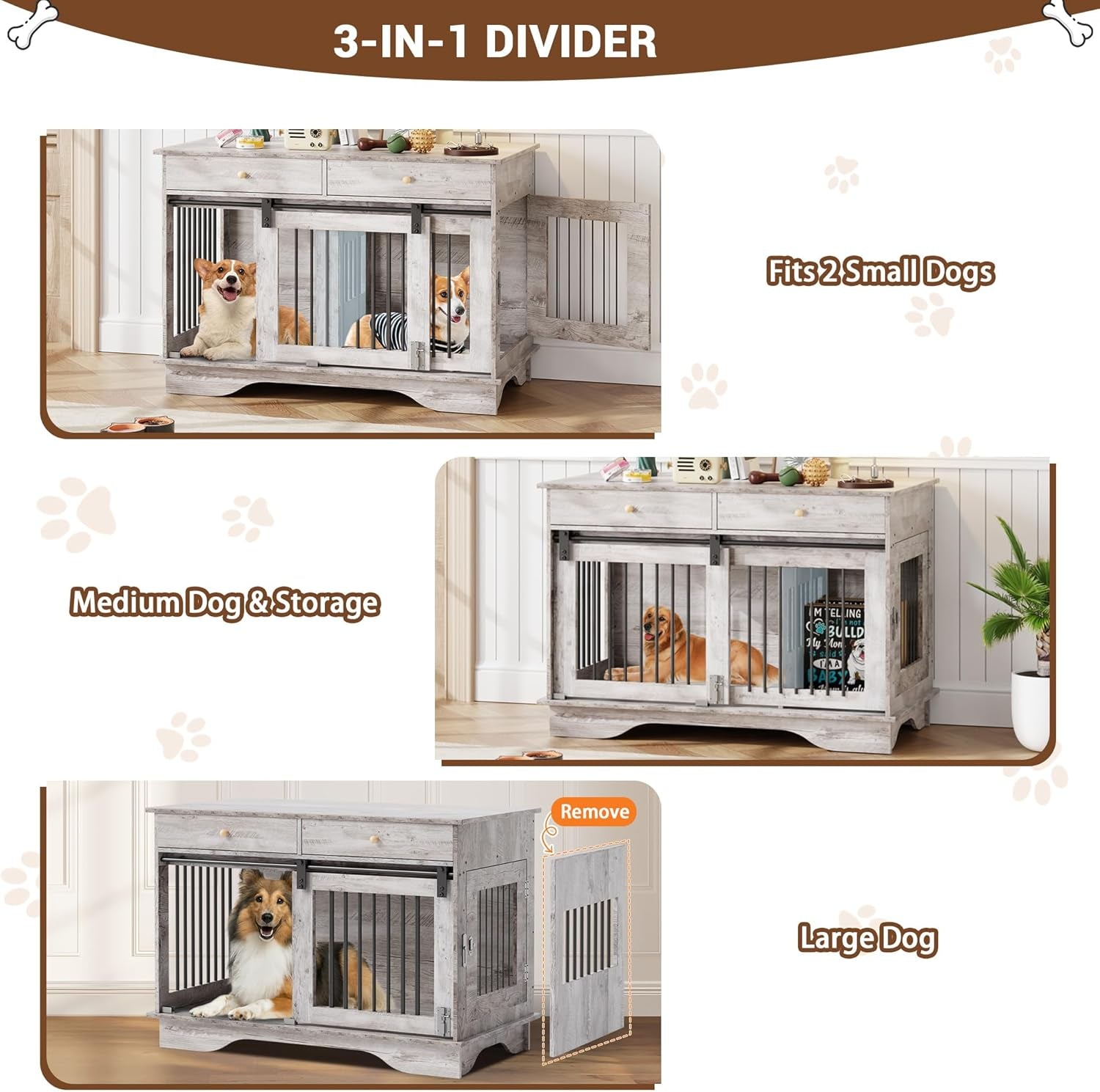 Dog Furniture Crate, 47" Large Dog Crate Furniture W/ 2 Storage Draws & Removable Divider for Large/Medium/Small Dogs (White, One Cage)