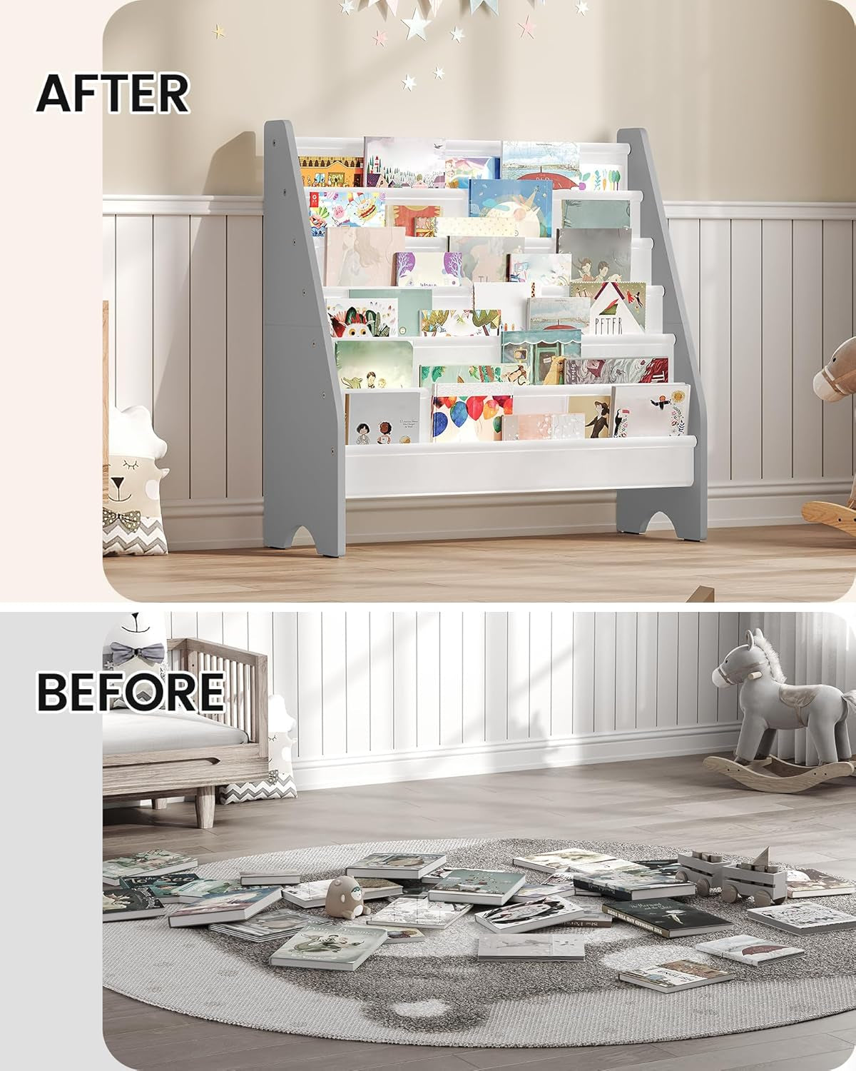 6-Tier Kids Bookshelf, Book Shelf for Kids Room, Sling Bookcase, Magazine and Book Storage Rack, Large Capacity Book Organizer for Nursery, Bedroom, Playroom, White and Gray MCW07WG
