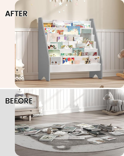 6-Tier Kids Bookshelf, Book Shelf for Kids Room, Sling Bookcase, Magazine and Book Storage Rack, Large Capacity Book Organizer for Nursery, Bedroom, Playroom, White and Gray MCW07WG