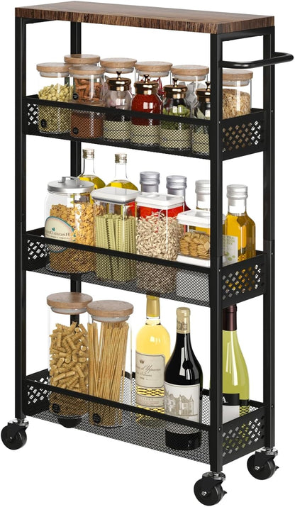 Slim Storage Cart 4 Tier Narrow Kitchen Rolling Cart on Wheels for Small Space, Mobile Utility Cart Shelving Unit with Wooden Top and Metal Handle for Kitchen, Bathroom, Laundry Room