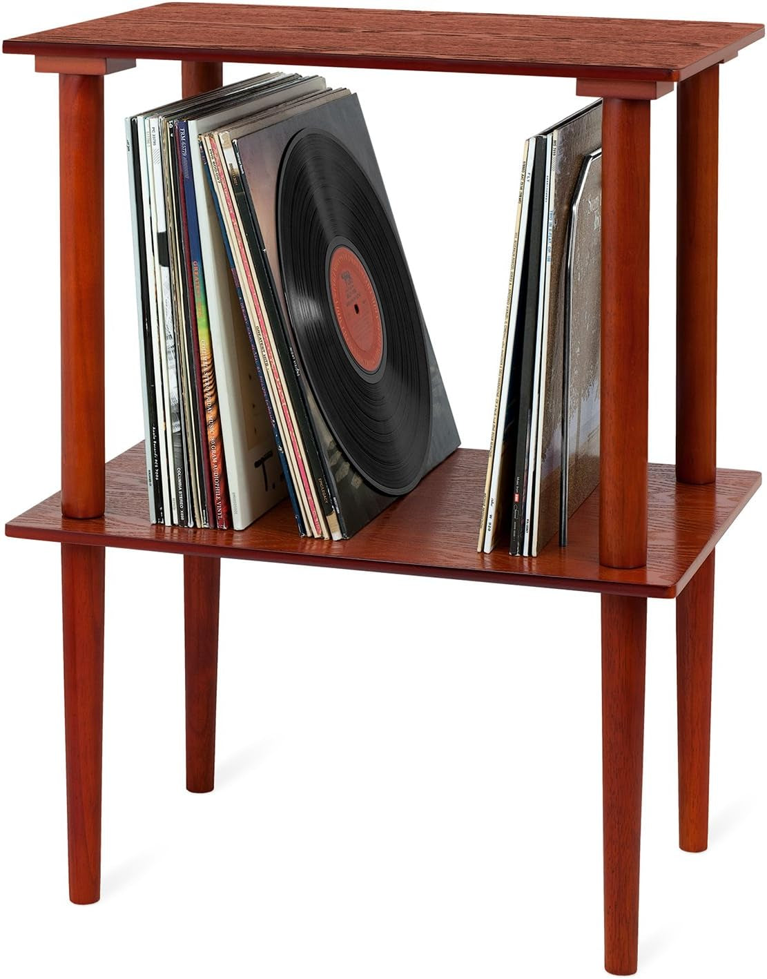 Wooden Record Stand – Companion Piece for  Music Centre, Holds over 50 Vinyl Records, Elegant Real Wood Construction, No-Tool Assembly (Mahogany)